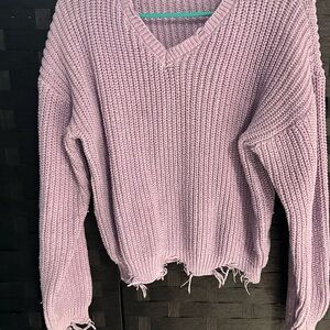 Lavender V-Neck Sweater with Distressed Hem